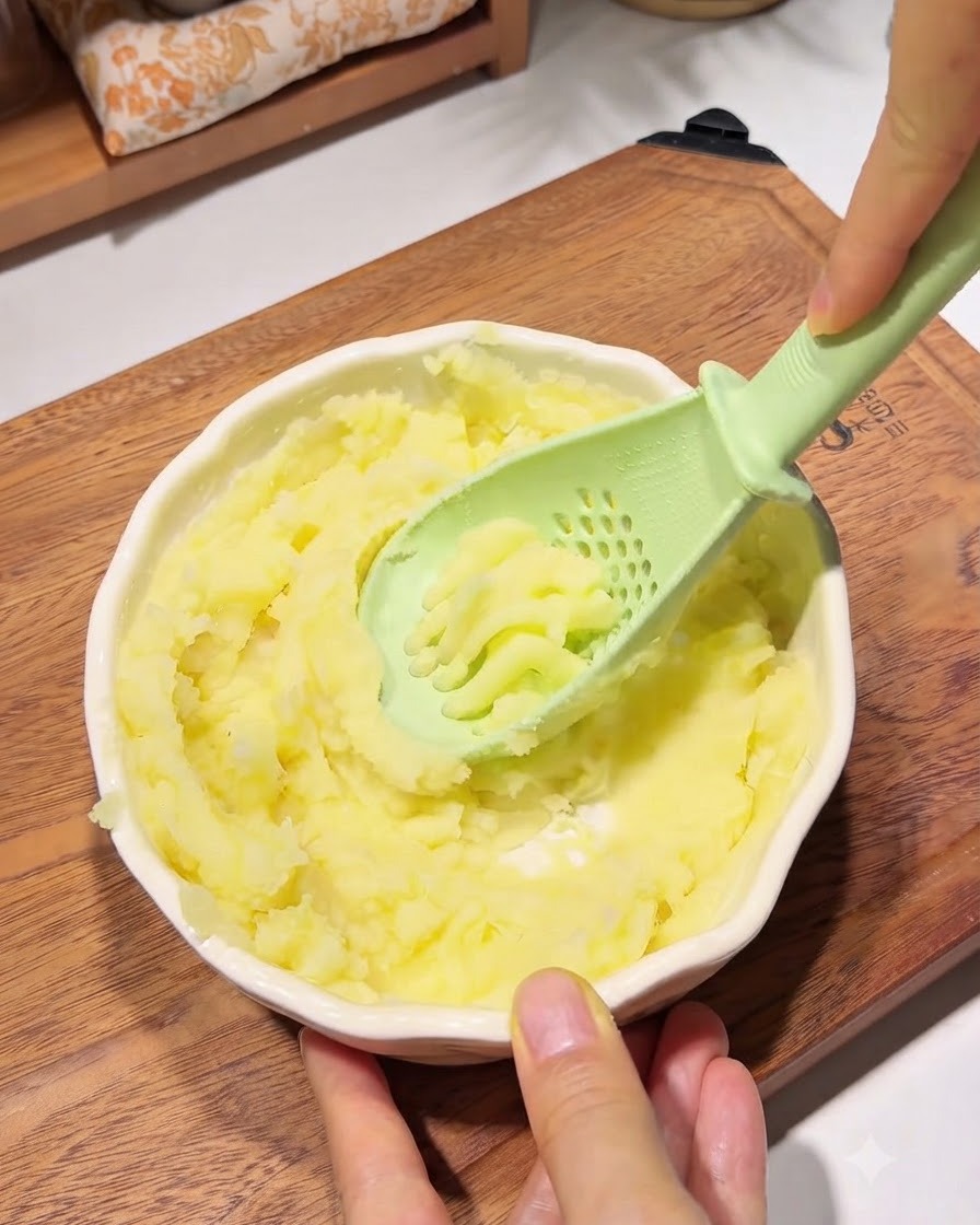 Polvere di amido mescolata alle patate schiacciate allinterno di una ciotola utilizzando utensili.