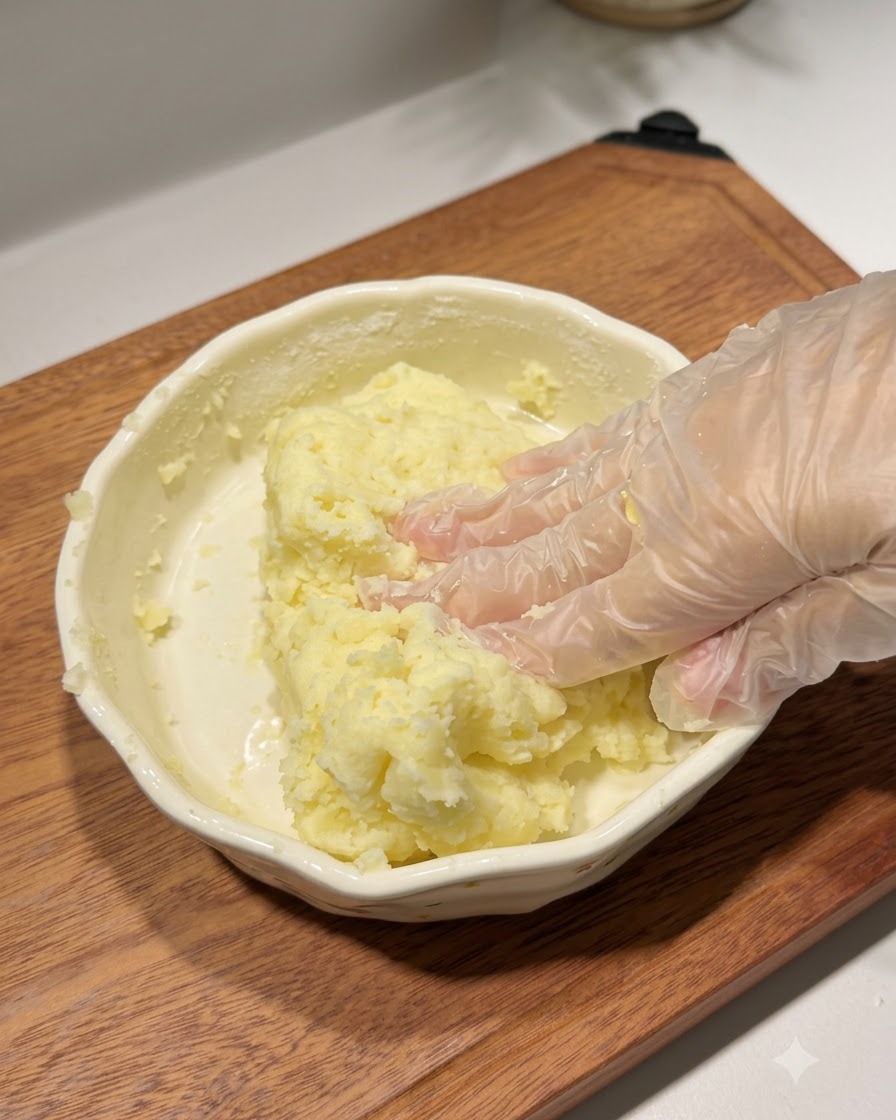 Mani con guanti in plastica che impastano un composto di patate e amido allinterno di una ciotola di ceramica.