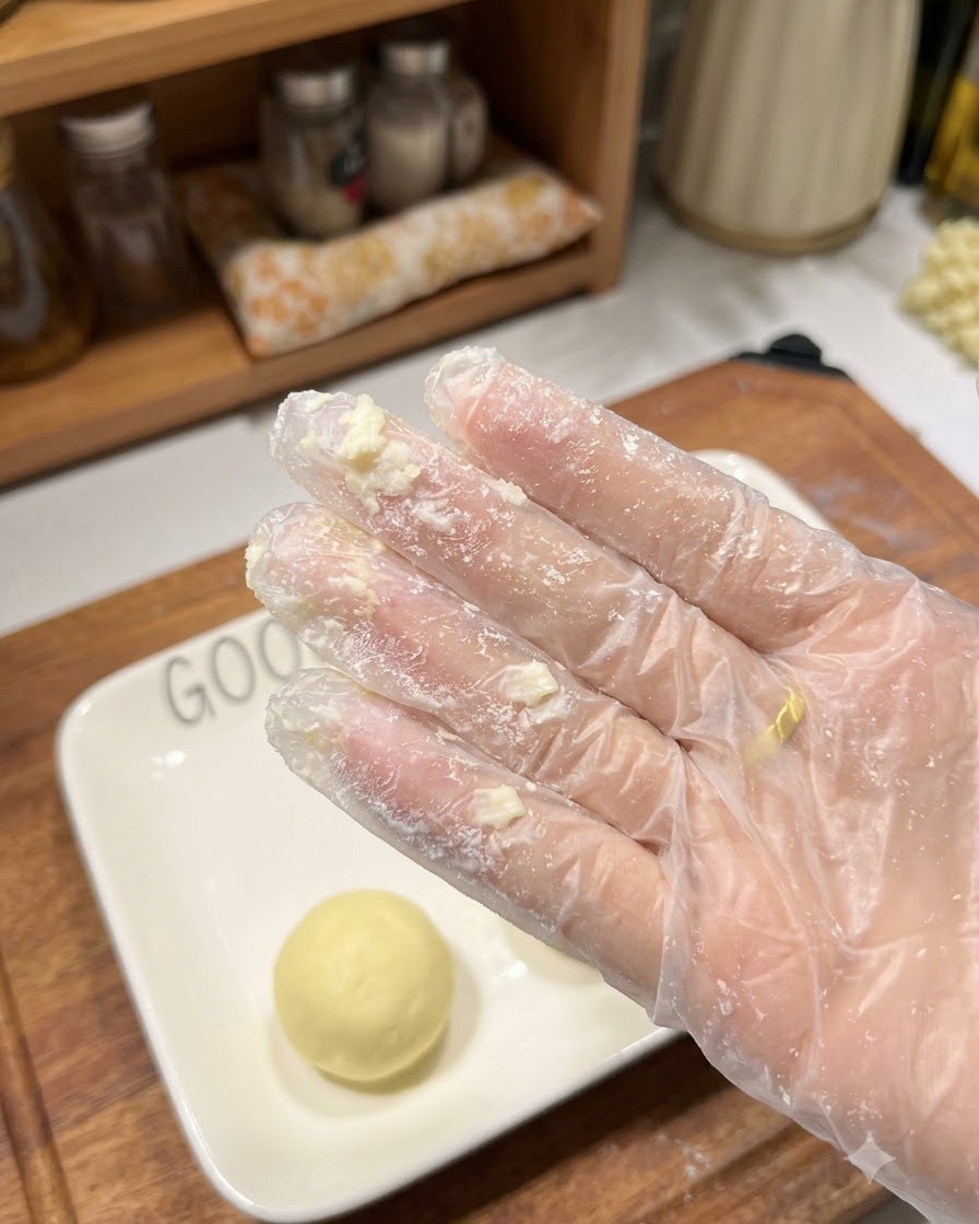 Una piccola pallina rotonda e uniforme di impasto di patate adagiata su un piatto bianco quadrato accanto a una mano guantata coperta di amido.