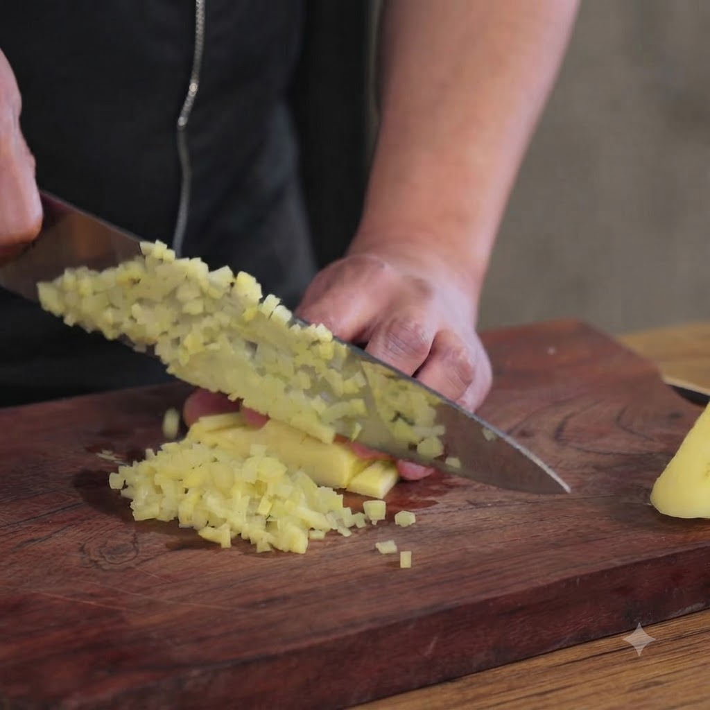 Un coltello da cucina che taglia patate sbucciate a dadini piccoli su un tagliere di legno.