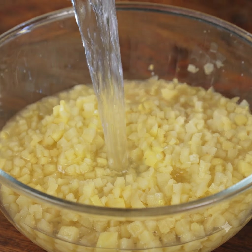 Acqua versata in una ciotola piena di patate a cubetti per il risciacquo.