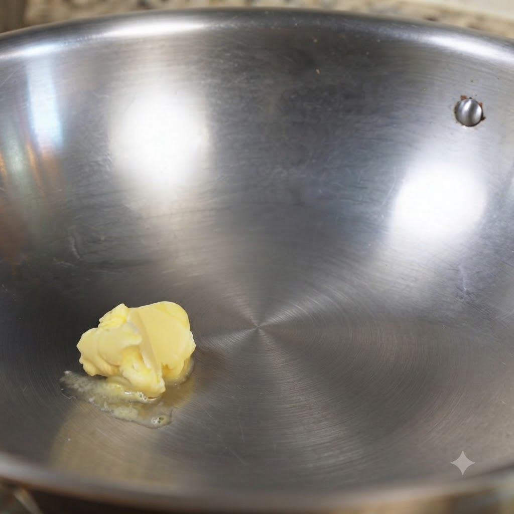 Un pezzo di burro giallo che si scioglie in un wok di acciaio inossidabile.