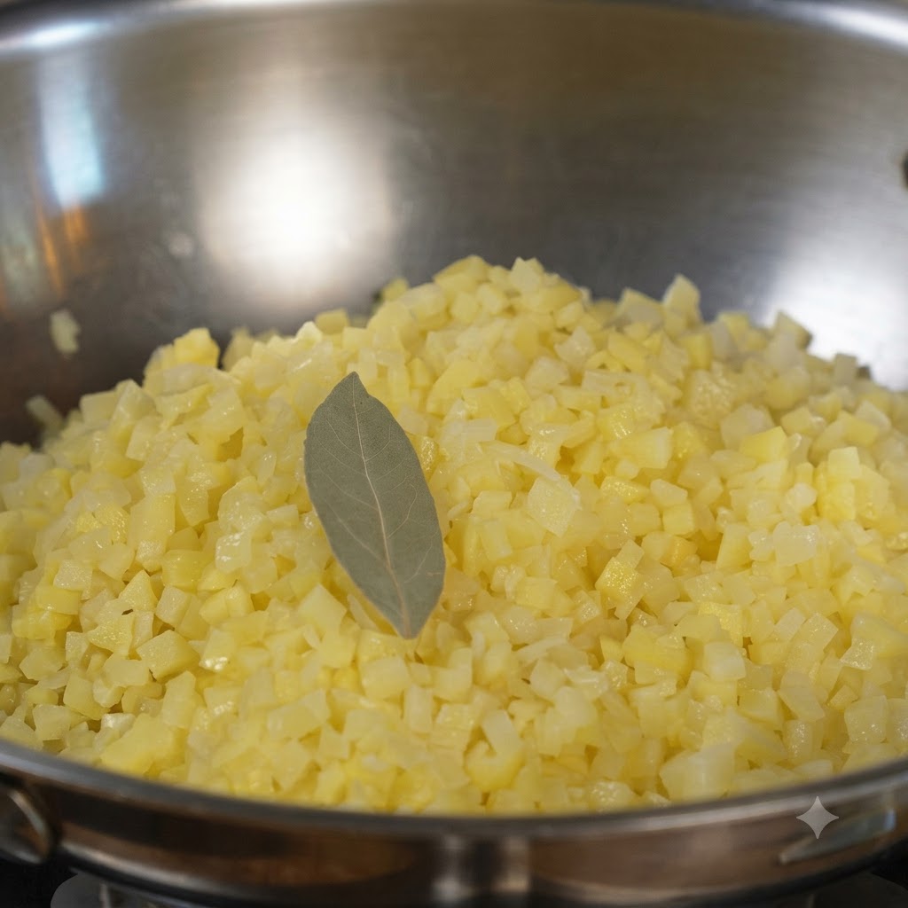 Patate a cubetti che saltano in padella con una foglia di alloro, pepe nero e sale.