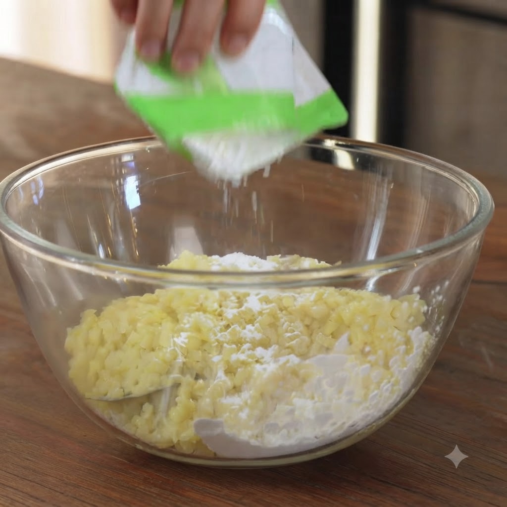 Amido di mais versato in una ciotola con i cubetti di patate cotti.