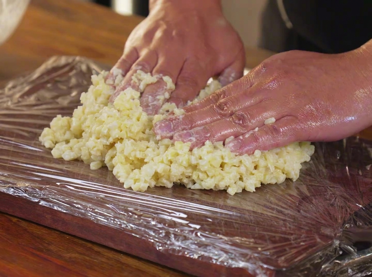 Mani che premono il composto di patate e amido di mais su un tagliere rivestito di pellicola trasparente.