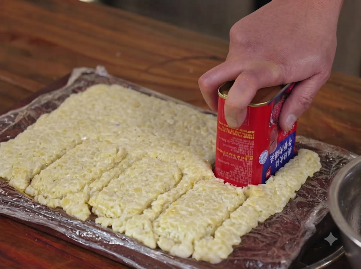 Una mano che utilizza un contenitore metallico per ritagliare forme rettangolari dallo strato di patate.