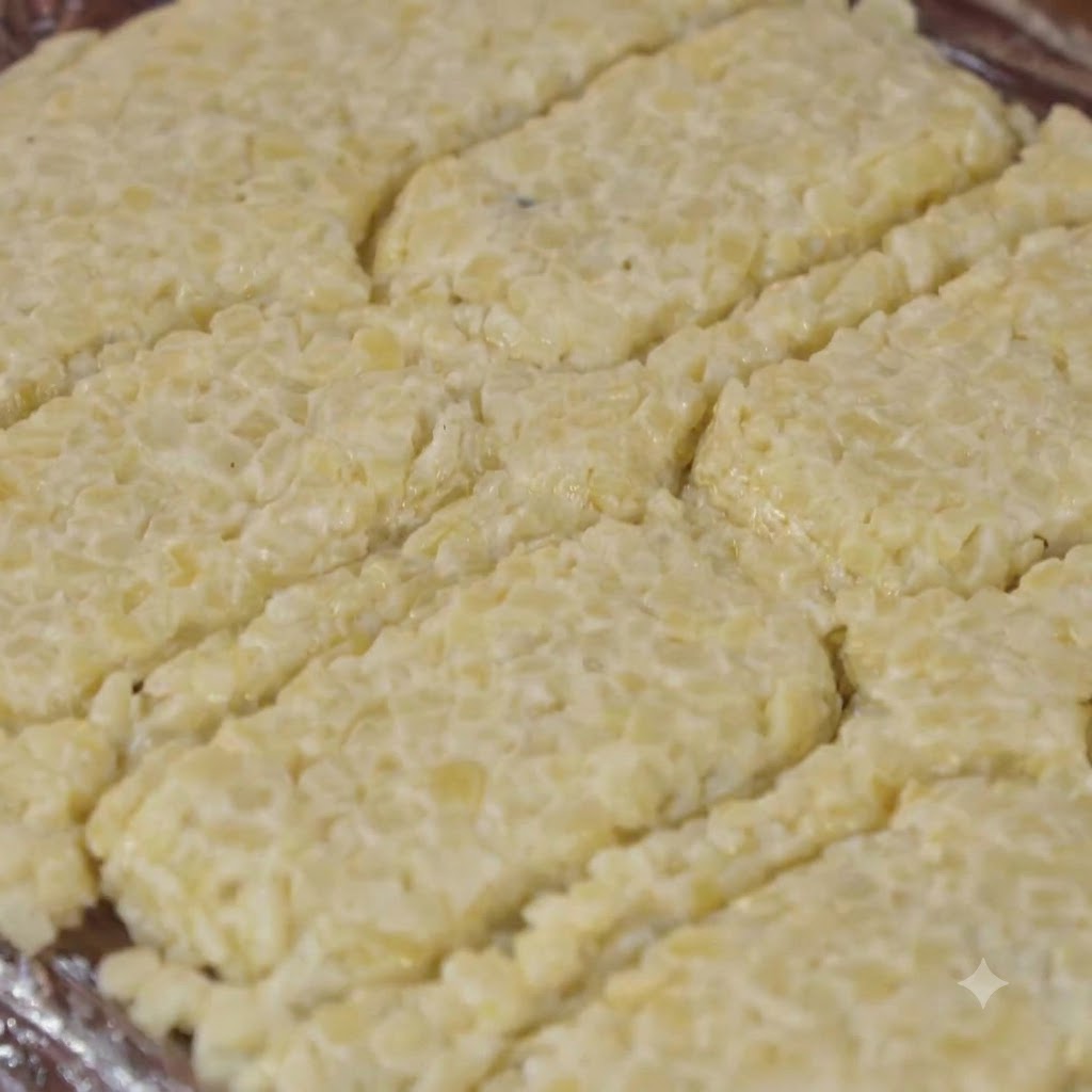 Primo piano di vari tortini rettangolari di patate disposti su pellicola prima della cottura.