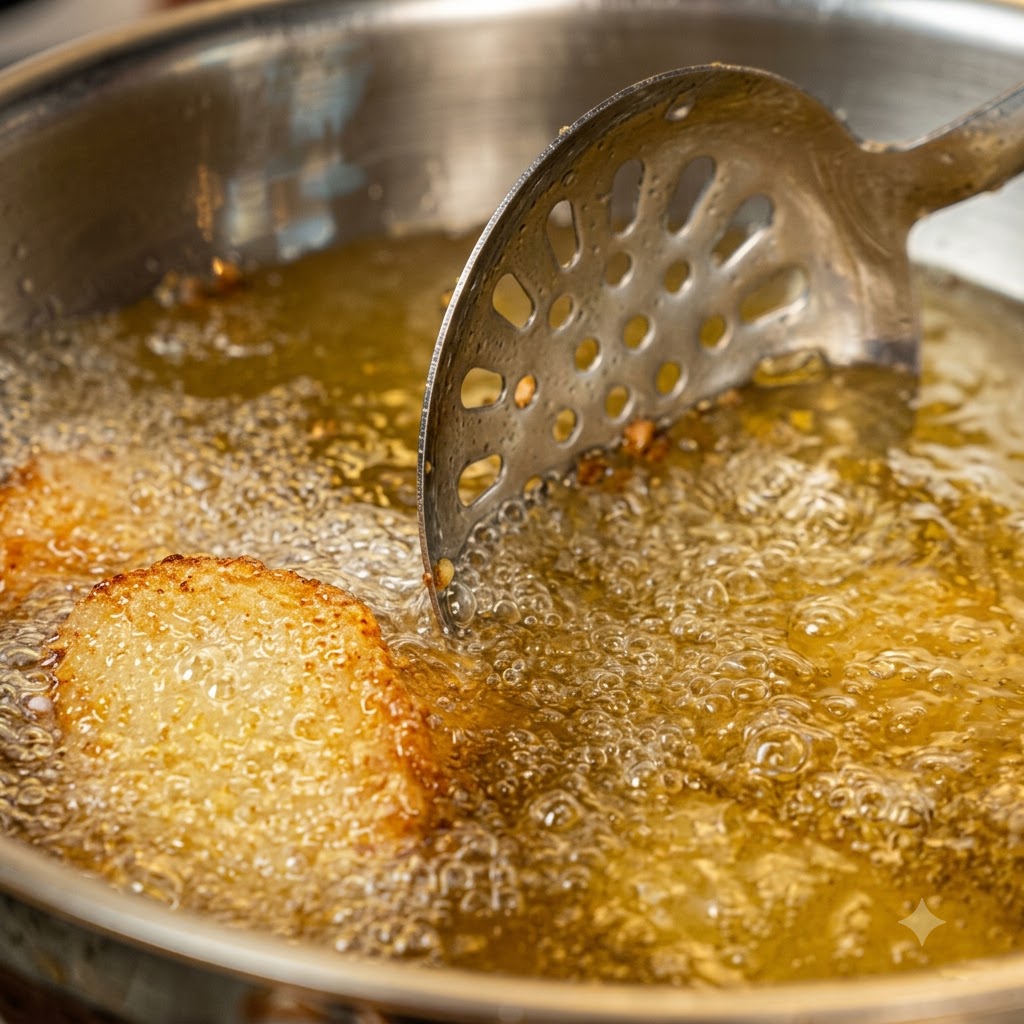 Una schiumarola che solleva un hash brown dorato e croccante dallolio bollente in un wok.