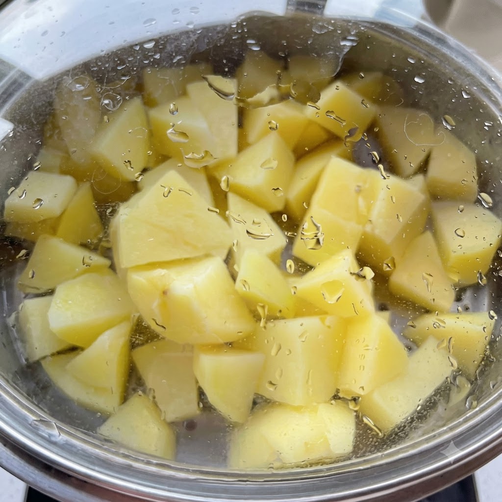 Pezzi di patate in cottura dentro una pentola di vetro coperta con condensa di vapore sul coperchio.