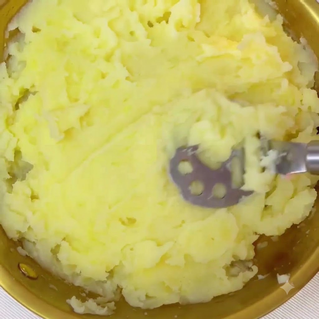 Patate bollite lavorate fino ad ottenere una consistenza liscia dentro una ciotola dorata usando uno schiacciapatate manuale.