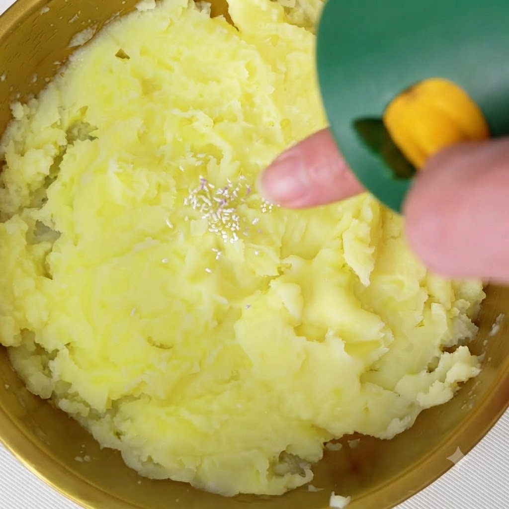 Sale di frutta e verdura erogato da un contenitore verde sulla superficie del purè di patate.