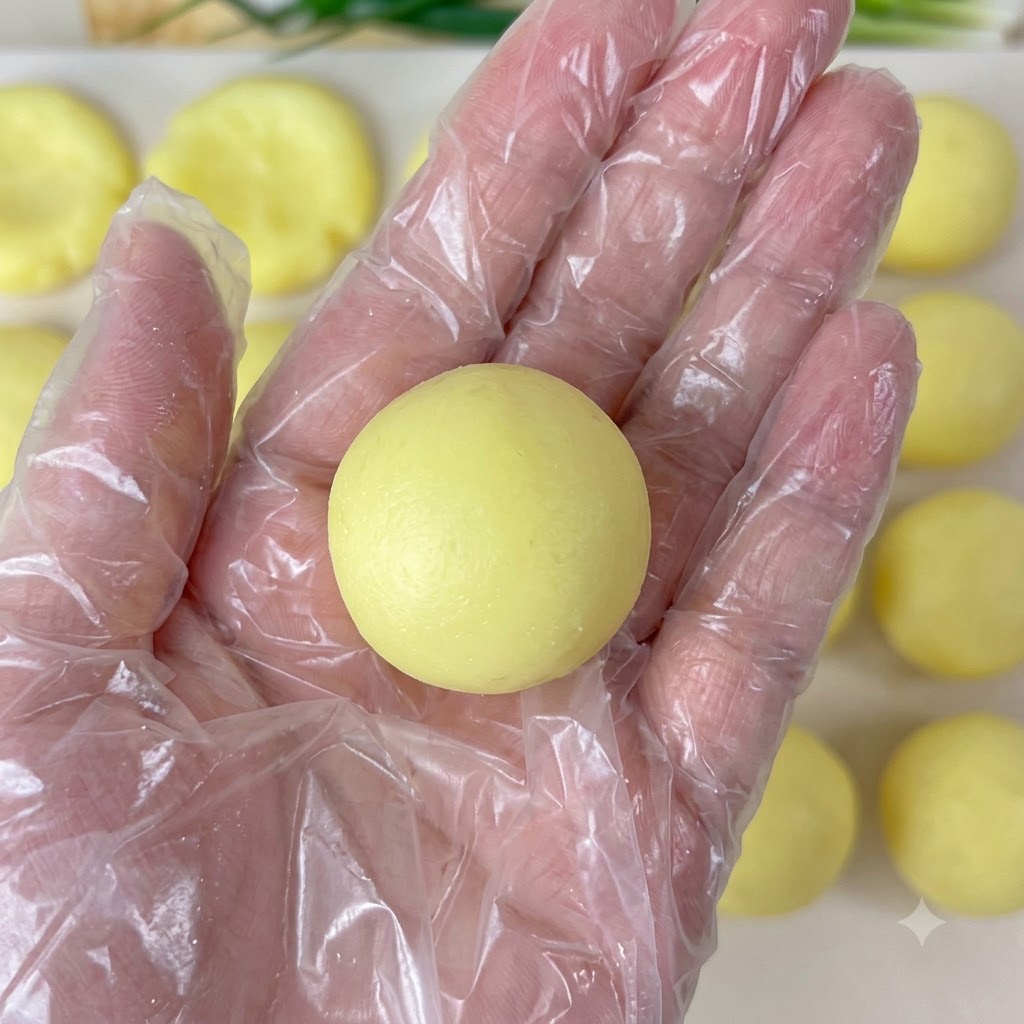 Una mano con un guanto di plastica che regge una pallina rotonda di purè di patate.