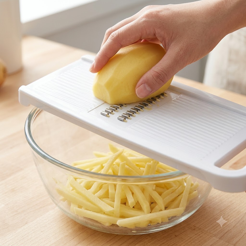 Una mano che fa scorrere una patata sbucciata su una mandolina bianca, facendo cadere i listarelle di patata in una ciotola di vetro sottostante.