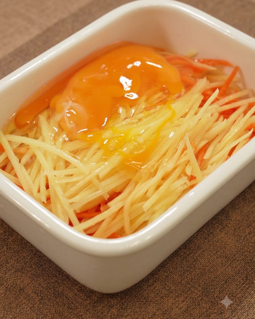 Uova fresche sgusciate sopra le patate e le carote grattugiate allinterno di un contenitore rettangolare bianco.