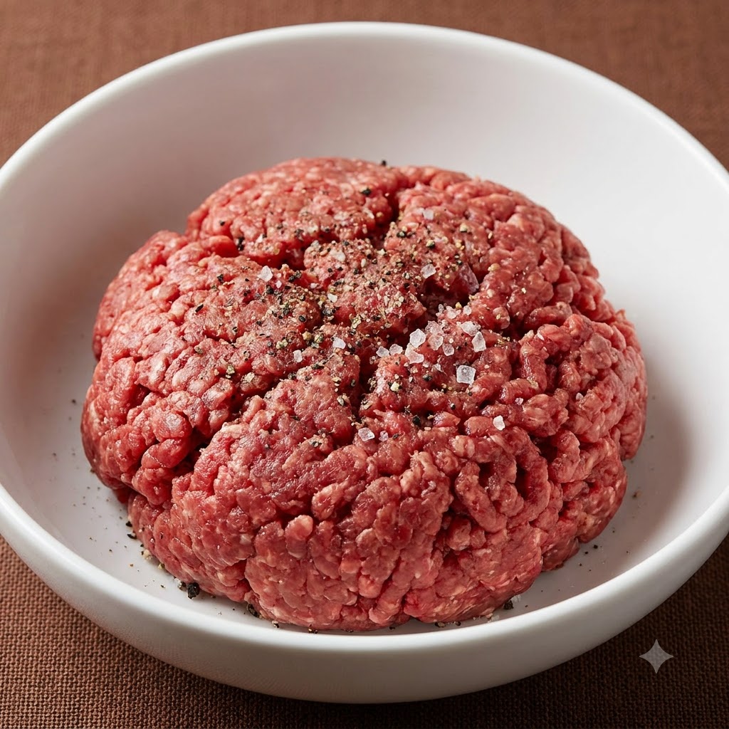 Un mucchietto di carne macinata cruda in una ciotola bianca, spolverato con pepe nero e cristalli di sale marino.
