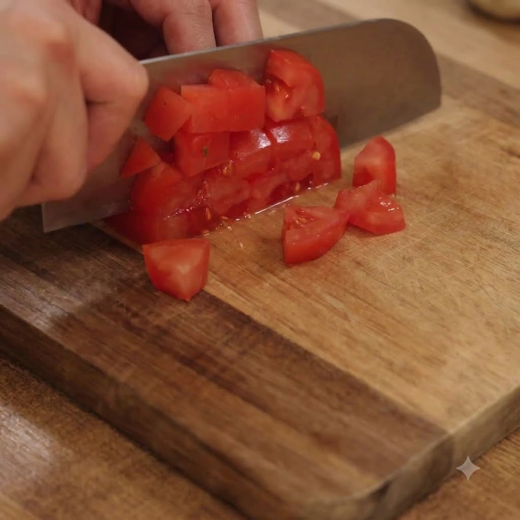 Una mano che usa un coltello da cucina per tagliare a dadini i pomodori rossi su un tagliere di legno.