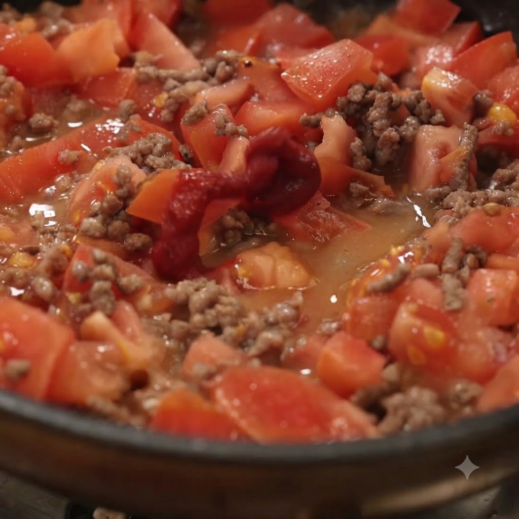 Pomodori tagliati e concentrato di pomodoro mescolati alla carne macinata cotta allinterno di una padella.