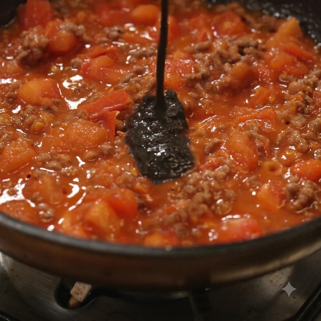 Salsa al tartufo nero che viene incorporata a una salsa di pomodoro e carne macinata in cottura in una padella.