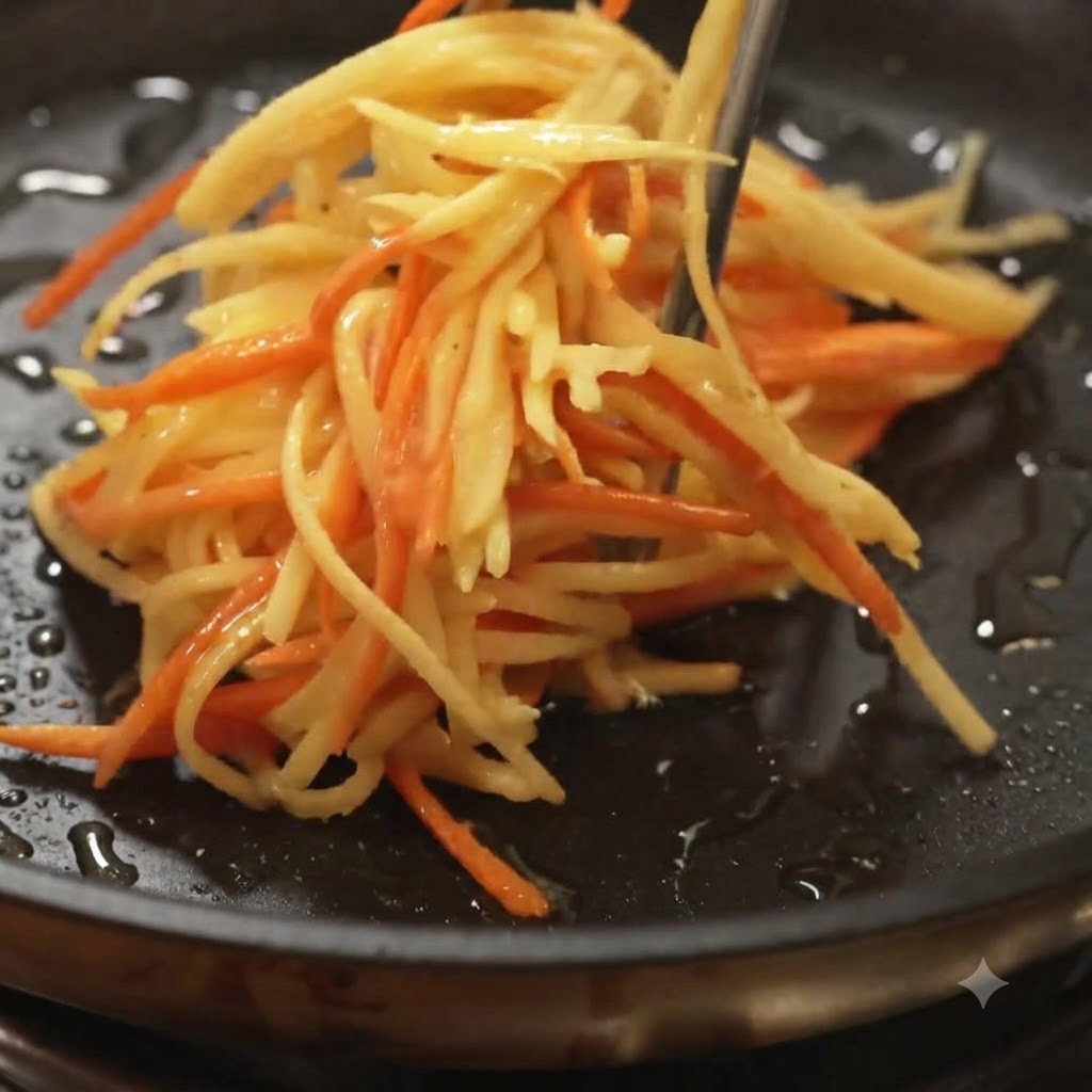 Composto di patate e carote grattugiate che viene inserito in una padella calda oleata con lausilio di pinze da cucina.
