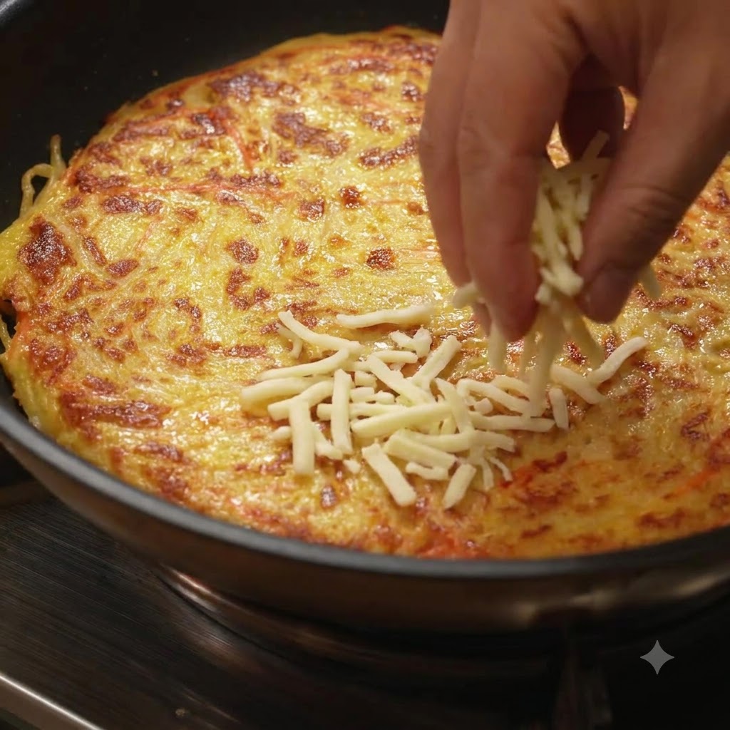 Un pancake di patate dorato che viene capovolto in una padella usando un piatto grande.