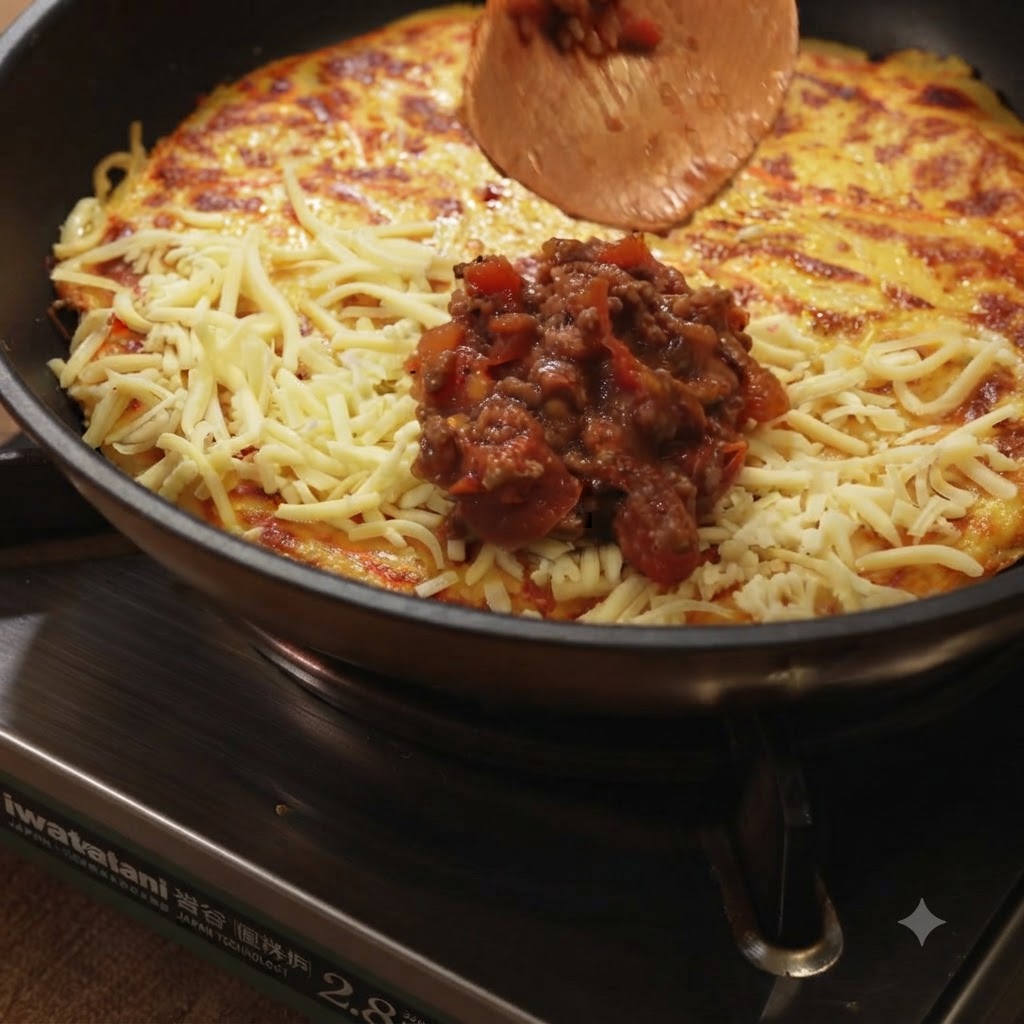Formaggio grattugiato e salsa di carne al pomodoro posizionati su una metà di un pancake di patate in padella.