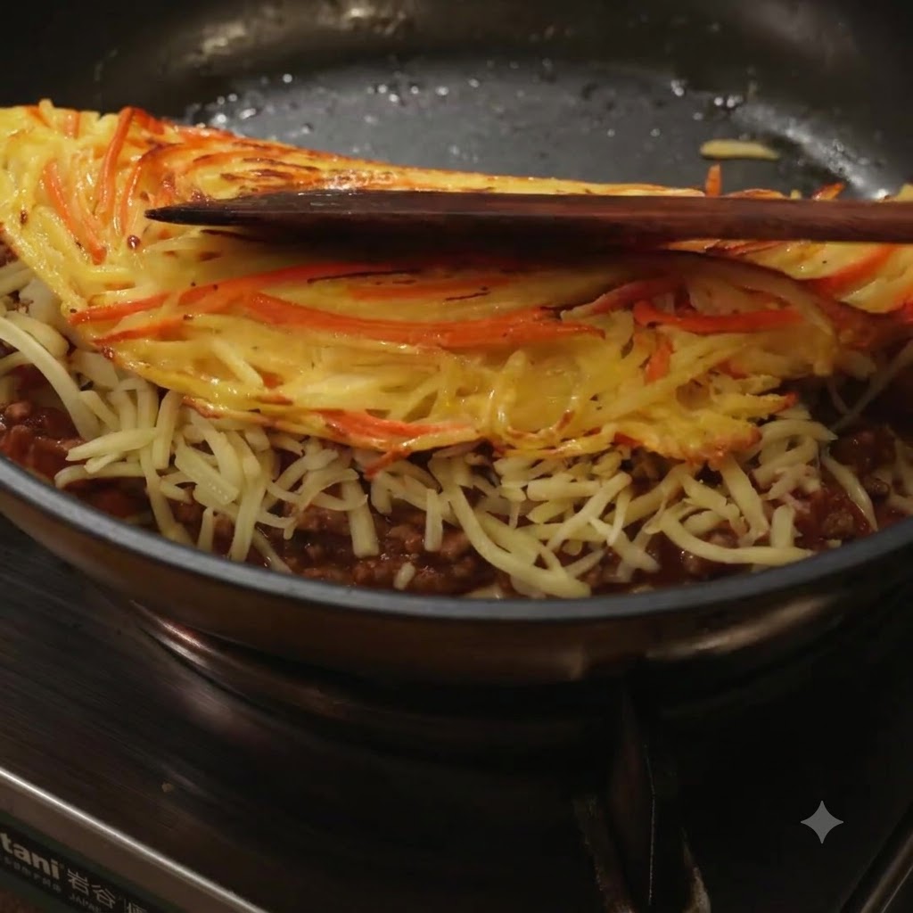 Una spatola che piega a metà un pancake di patate dorato sopra un letto di salsa di carne e formaggio fuso.