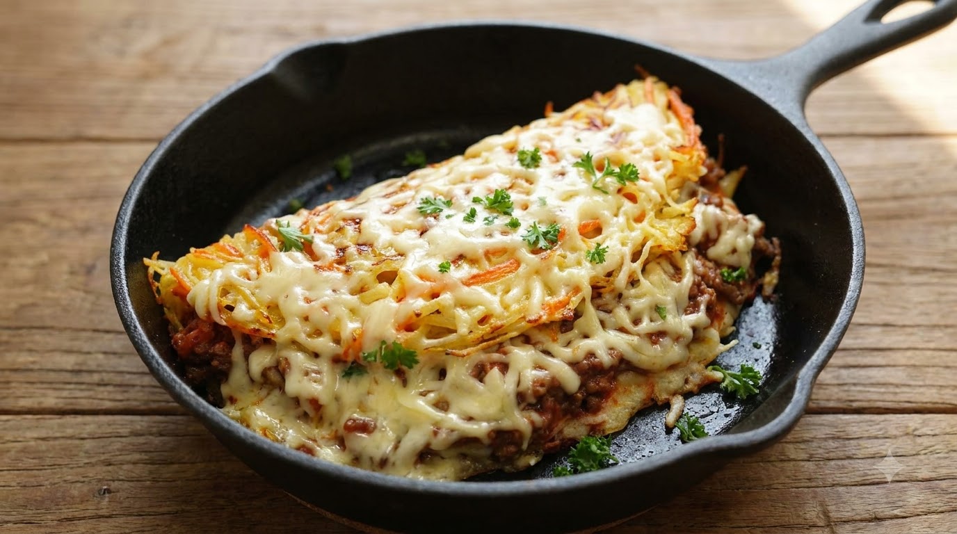 Pancake di Patate Croccante con Tartufo Nero, Carne e Pomodoro