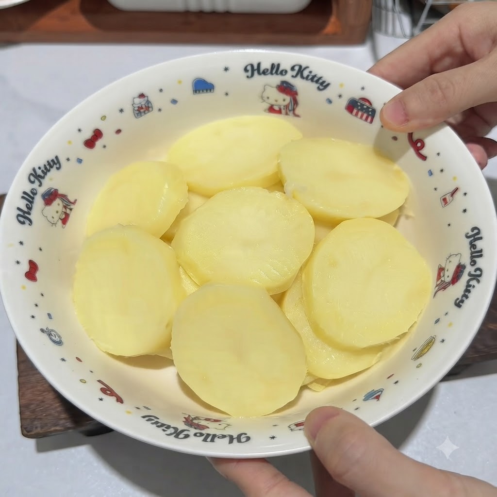 Patate bollite e pelate in una ciotola bianca decorate mentre vengono schiacciate in una purea usando uno schiacciapatate in metallo.