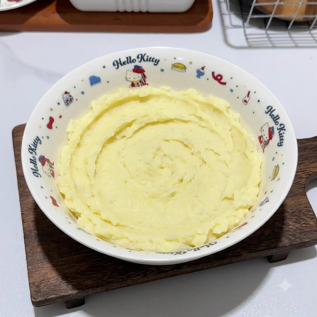 Pezzi di salsiccia di prosciutto rosa tritati e amido di mais bianco aggiunti da piccoli piatti bianchi nella ciotola con il purè di patate.