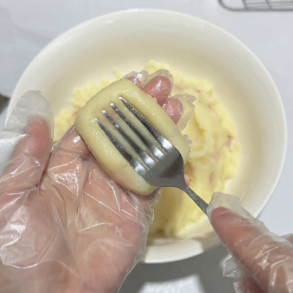Una forchetta che preme verso il basso sulla crocchetta rettangolare di patate per creare striature e intagli.