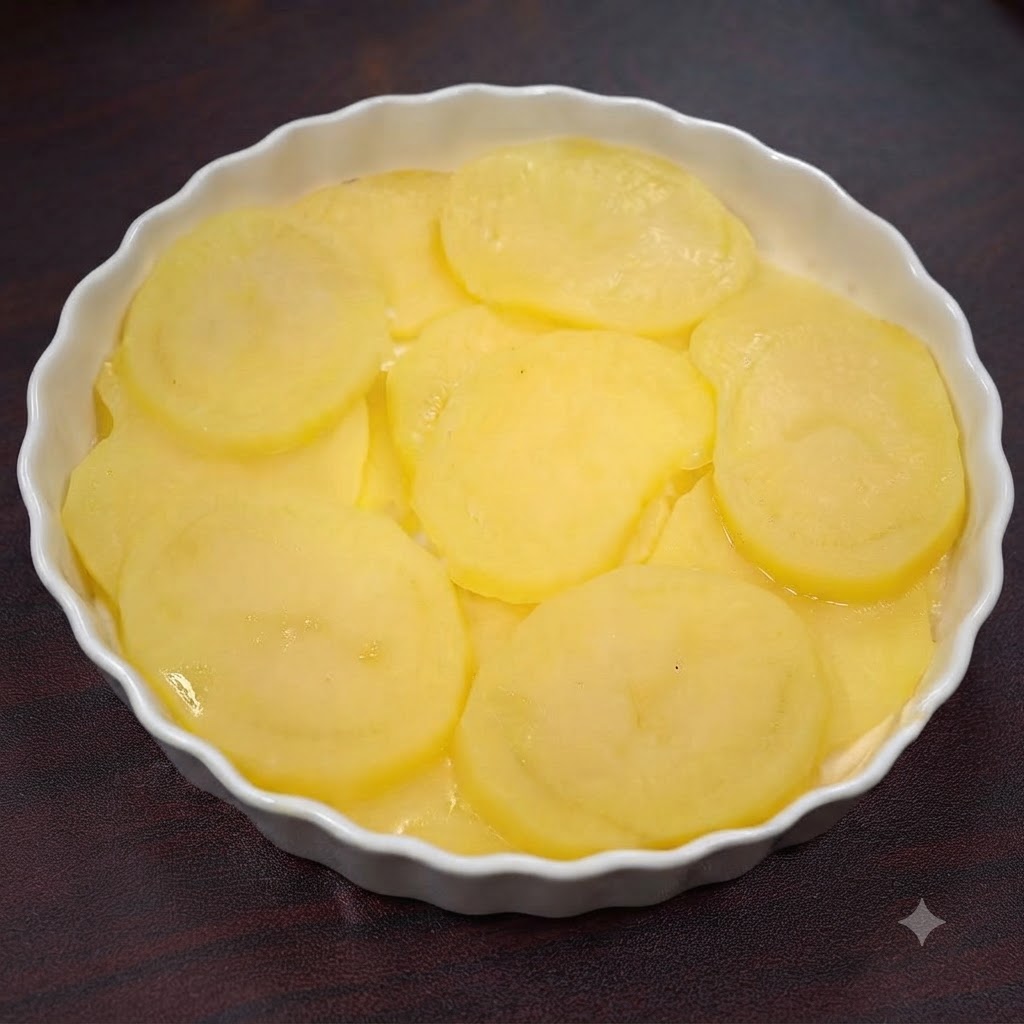 Fette di patate cotte al vapore schiacciate finemente allinterno di una pirofila di ceramica bianca.