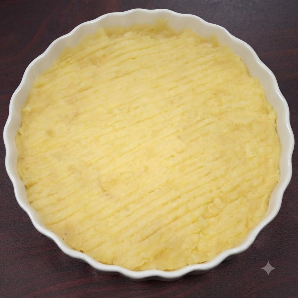 Purea di patate in un recipiente bianco condita e mescolata con una forchetta.