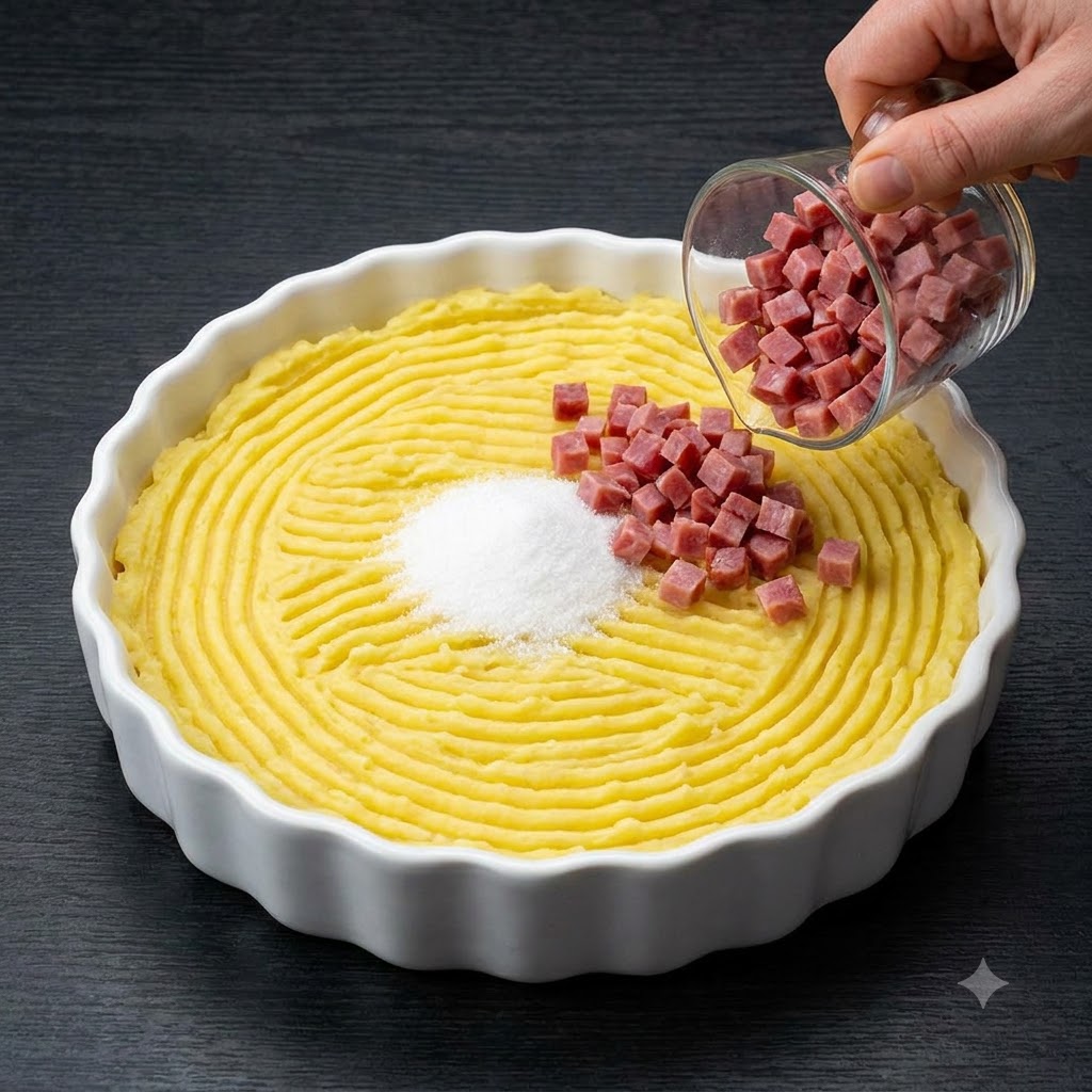 Prosciutto a dadini versato da un piccolo misurino di vetro sopra la purea di patate condita.