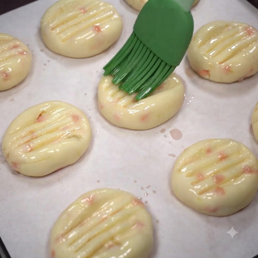 Un pennello da cucina in silicone verde che applica olio da cucina su una fila di polpette di patate modellate su una teglia.