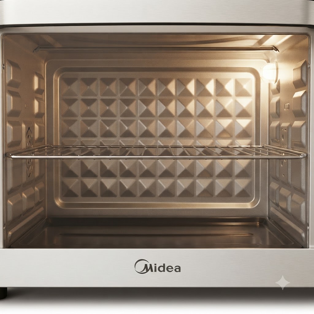 Un forno elettrico vuoto con luce interna accesa che mostra la griglia e il posizionamento della teglia allinterno.
