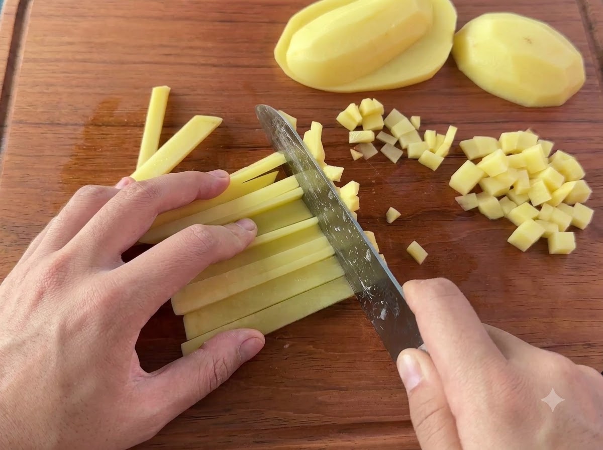 Un coltello che affetta e taglia a dadini le patate sbucciate su un tagliere di legno.
