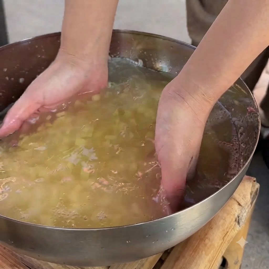 Mani che lavano piccoli cubetti di patate allinterno di una grande ciotola di metallo piena dacqua.
