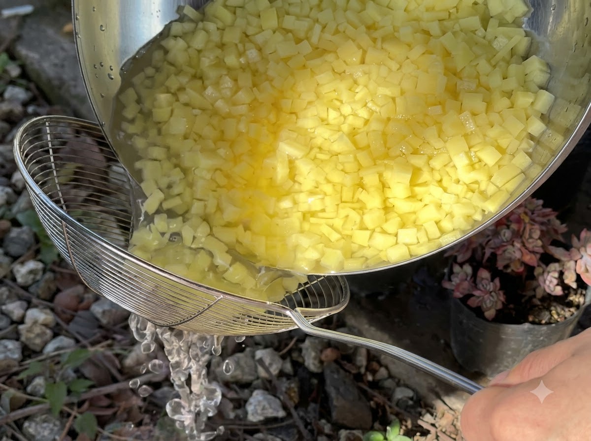 Cubetti di patate bagnati che vengono versati da una ciotola di metallo in un colino a rete.