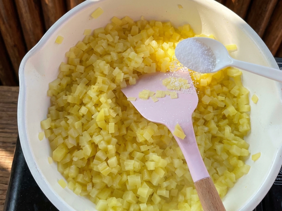 Sale che viene cosparso da un cucchiaio bianco sulle patate gialle a dadini in una padella bianca usando una spatola rosa.
