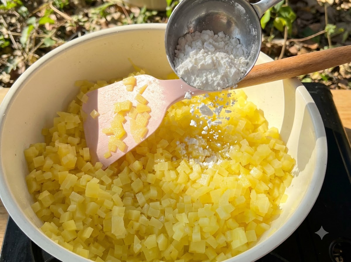 Amido di mais che viene versato da un cucchiaio misuratore in una padella di patate a dadini mescolate con una spatola rosa.