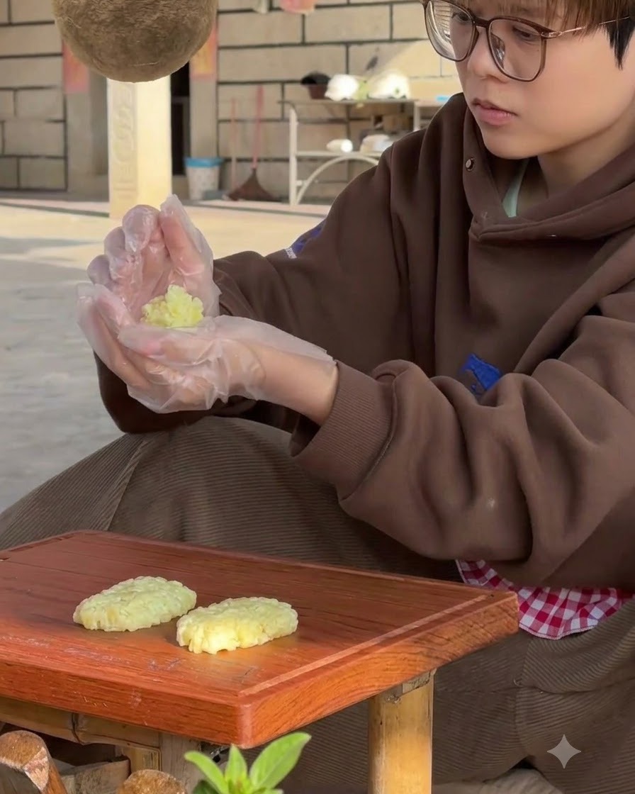 Una persona che indossa guanti di plastica mentre modella una polpetta di patate su un tagliere di legno con altre polpette finite nelle vicinanze.