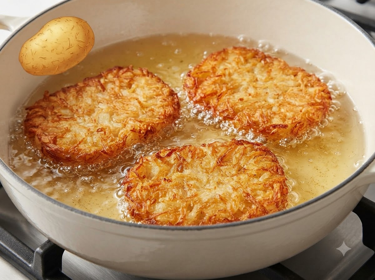 Polpette di hash brown dorate estratte dallolio caldo con pinze da cucina rosse.