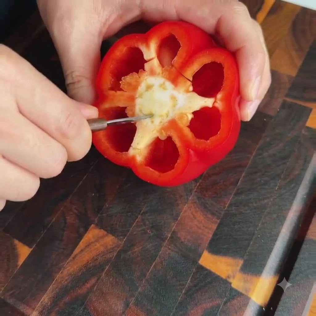 Mani che usano un piccolo coltello per pulire semi e membrane bianche dallinterno di un peperone rosso.