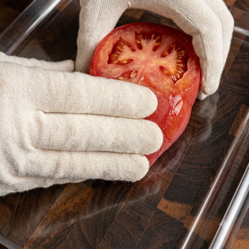 Una mano guantata che tiene un pomodoro o un peperone tagliato a metà sopra una pirofila di vetro trasparente.