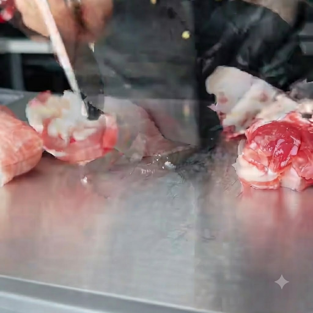 Pezzi di pancetta di maiale cruda tritati finemente con due mannaie su una superficie di preparazione in acciaio inossidabile.