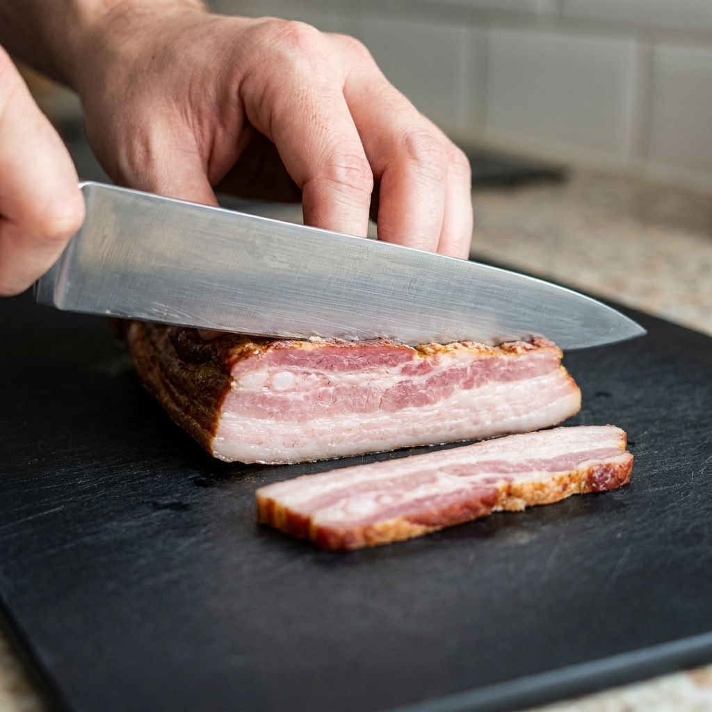 Un coltello da chef che affetta un pezzo di pancetta di maiale stagionata o cipolla su un tagliere nero.