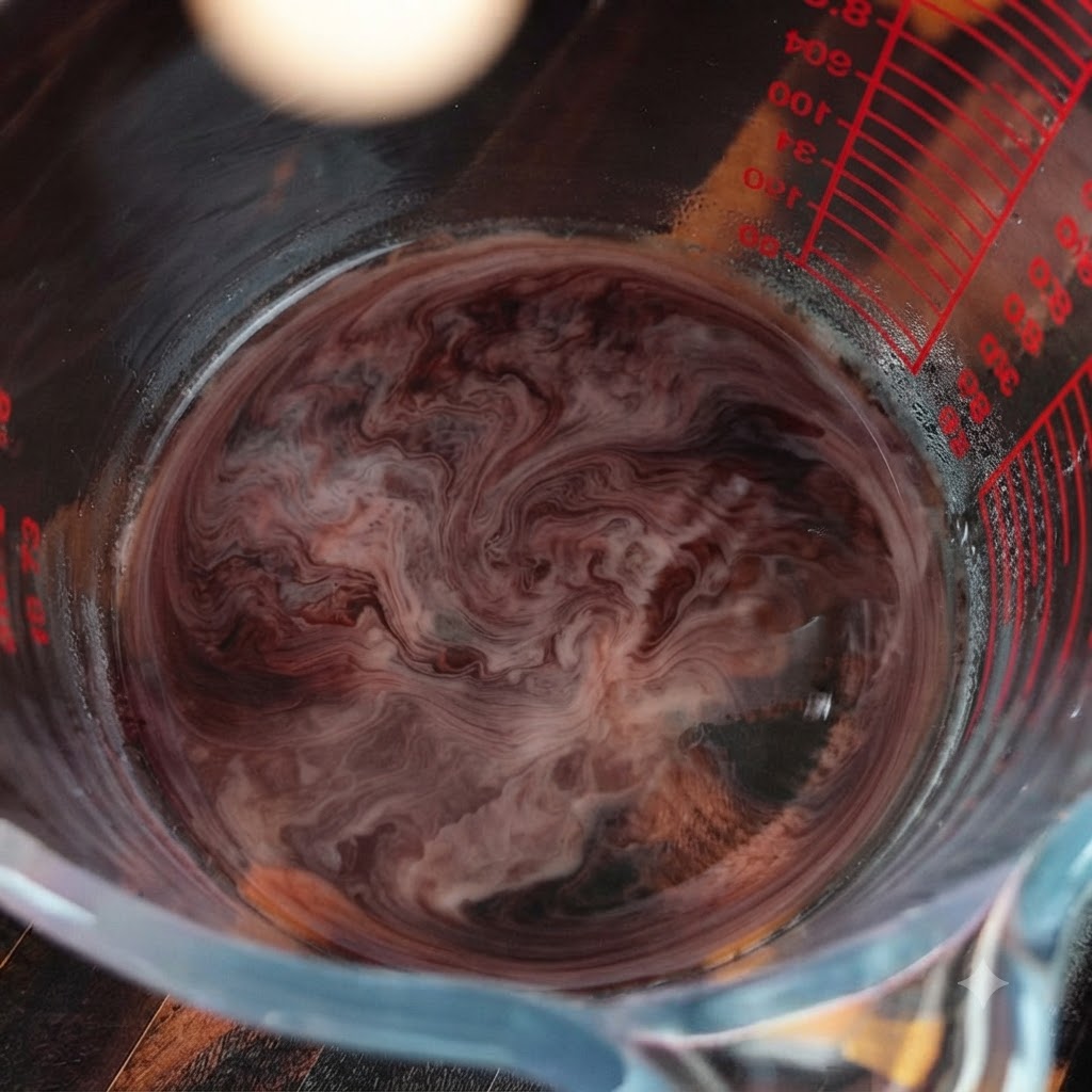 Un bricco di vetro graduato contenente una miscela vorticosa di liquido scuro ed elementi cremosi.