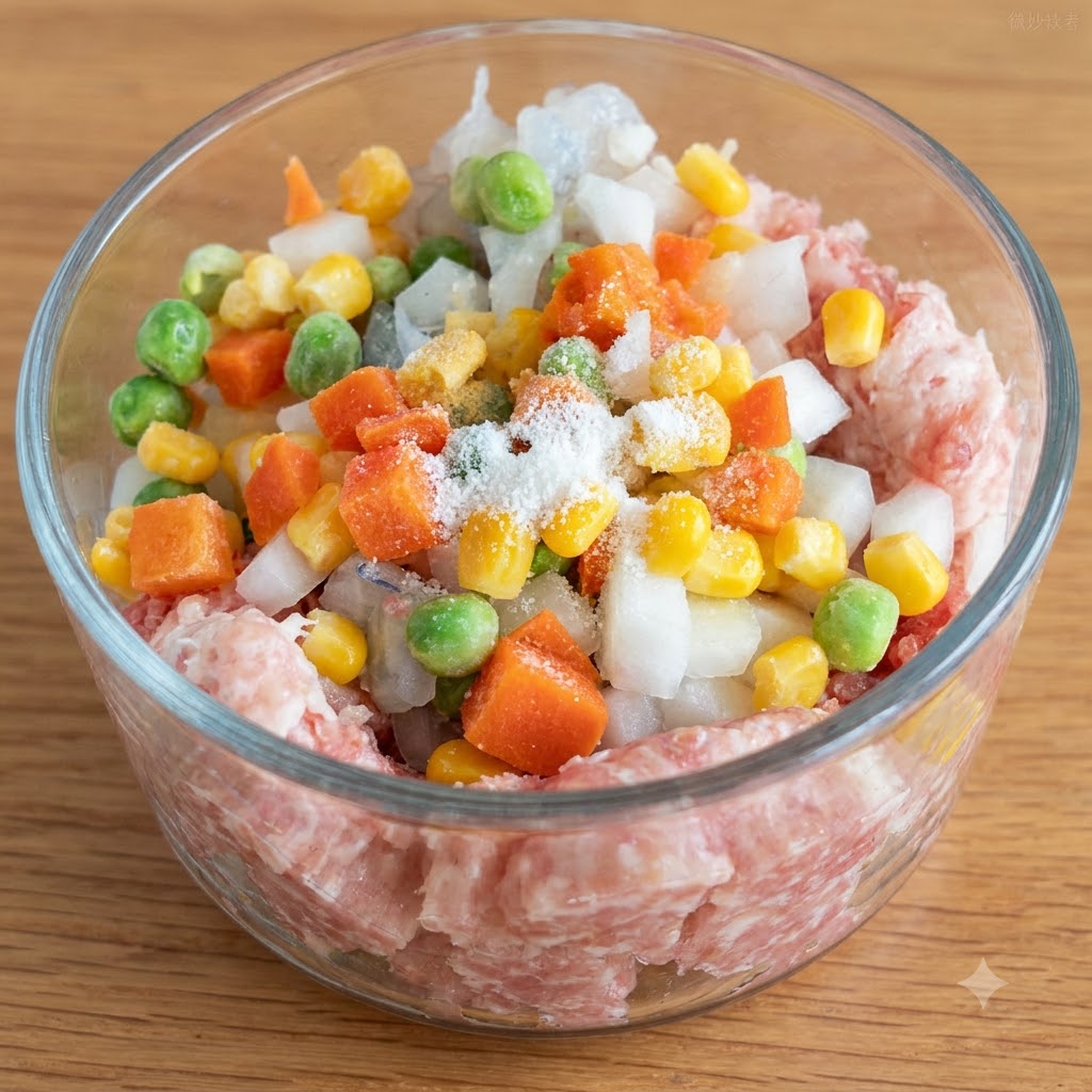 Una vista ravvicinata di una ciotola di vetro riempita di carne macinata, carote a dadini, piselli, mais e cipolle, con spezie e amido di mais spolverati sopra.