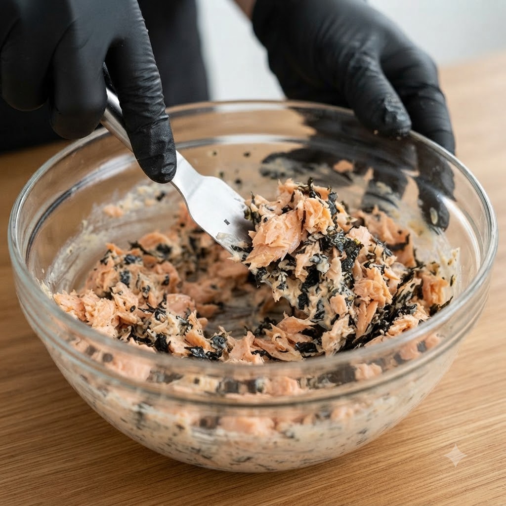 Un paio di mani guantate che usano una spatola per mescolare ingredienti di salmone e alghe allinterno di una ciotola di vetro per mescolare.