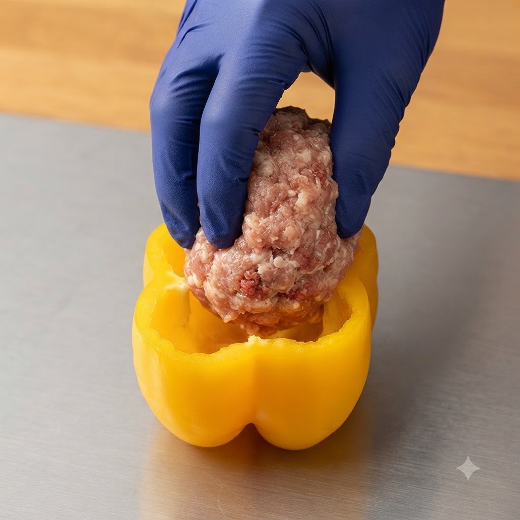 Una mano che indossa un guanto blu che posiziona una porzione di carne macinata condita in una ciotola di peperone giallo scavato.